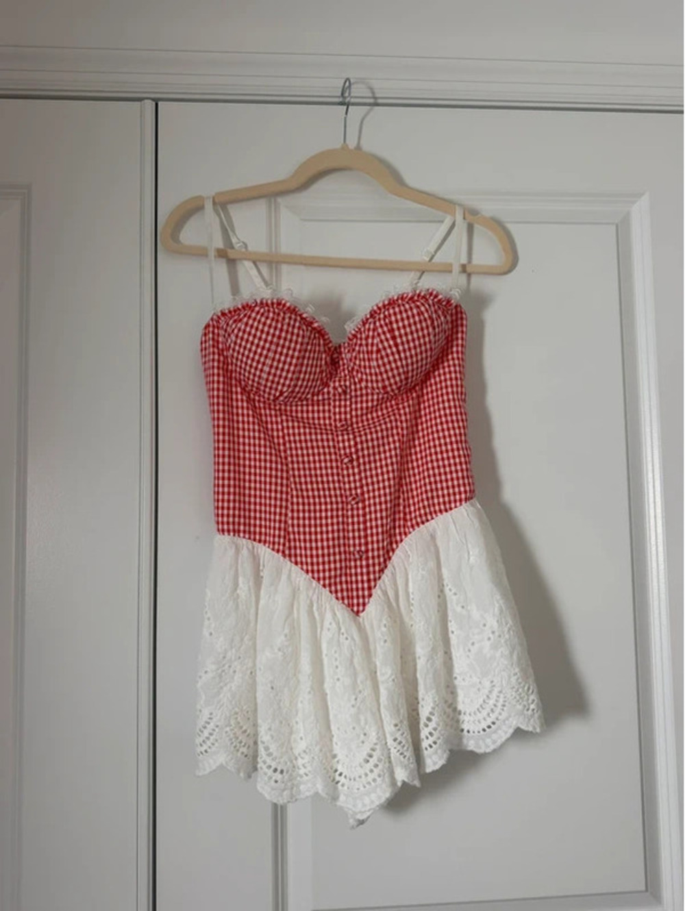 Fashion Nova Red Gingham Bustier Dress with White Eyelet Skirt